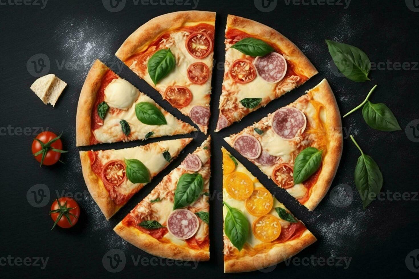 italiano Pizza su un' nero sfondo con superiore Visualizza ai generato foto