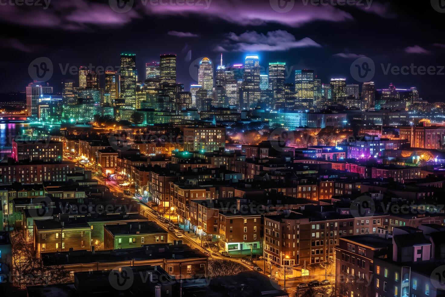 moderno città a notte. neurale Rete ai generato foto
