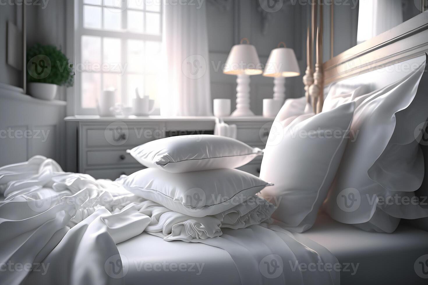 bianca cuscini su il letto nel un' lussuoso Hotel. neurale Rete ai generato foto