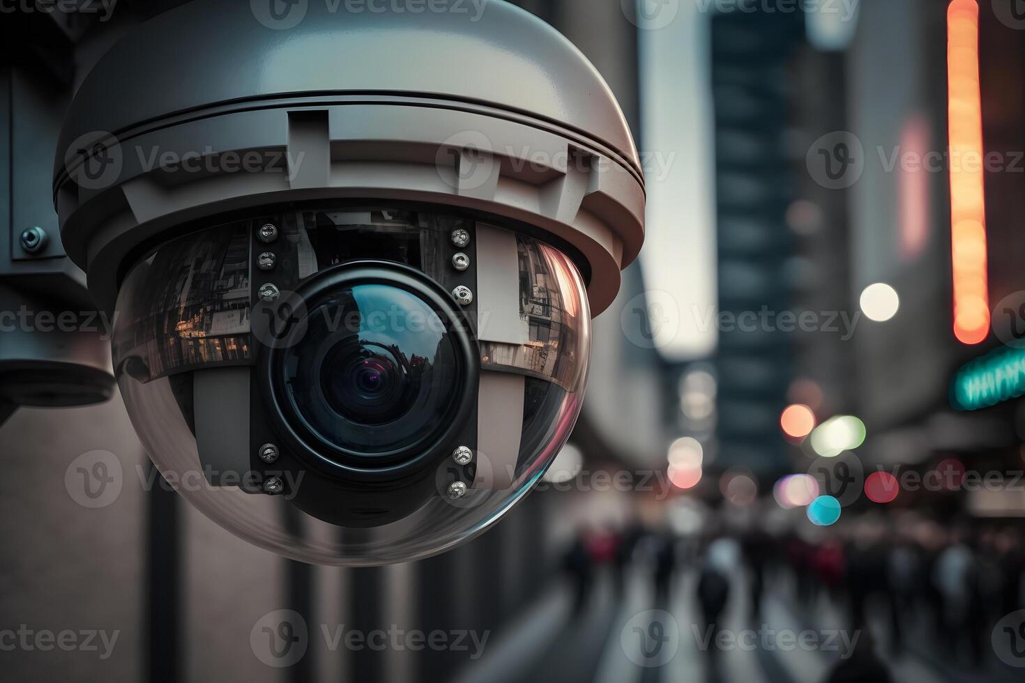 cctv telecamera o sorveglianza operativo su strada e edificio a notte. neurale Rete ai generato foto