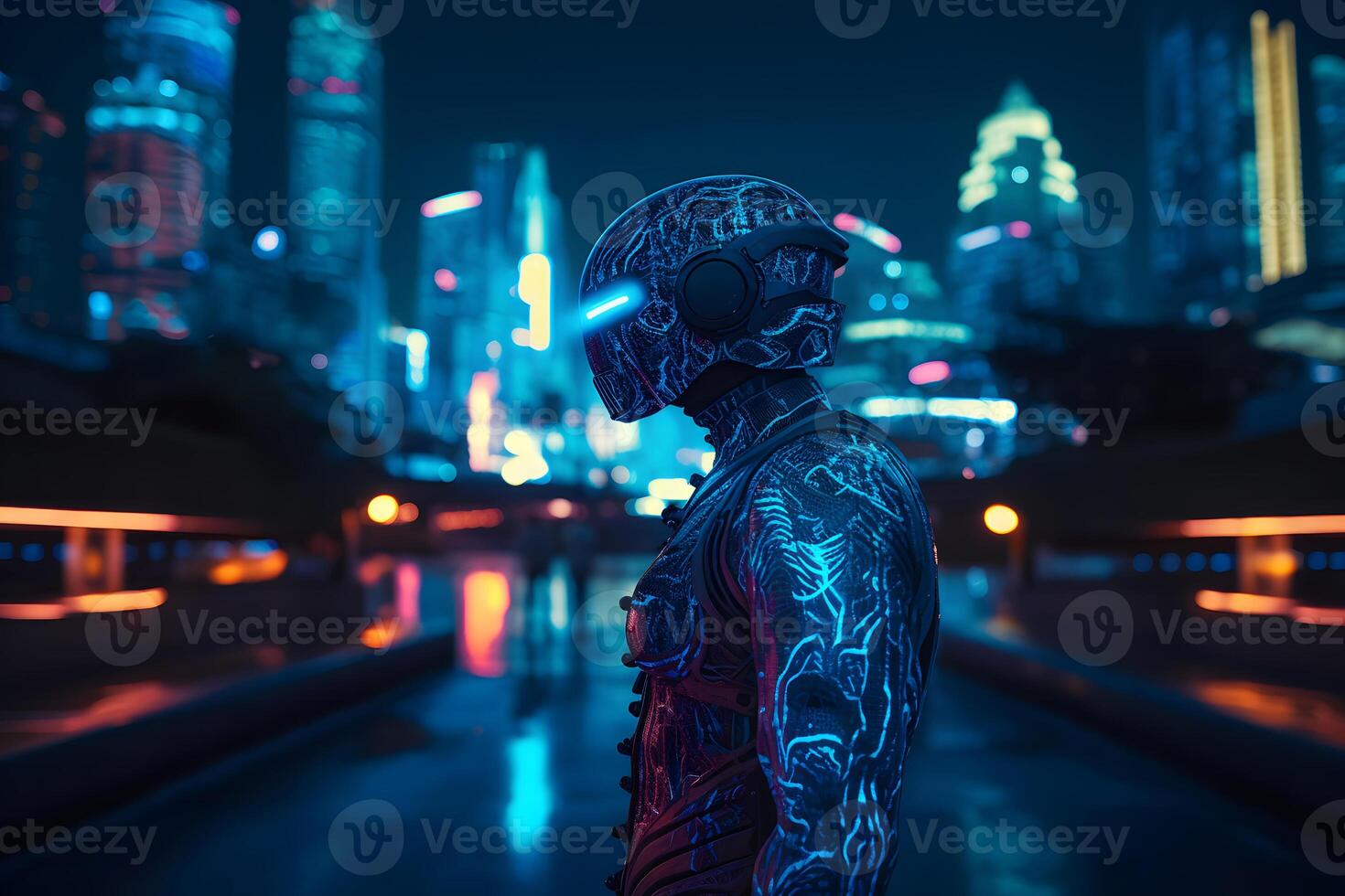 informatica uomo nel il neon città di il futuro. neurale Rete ai generato foto