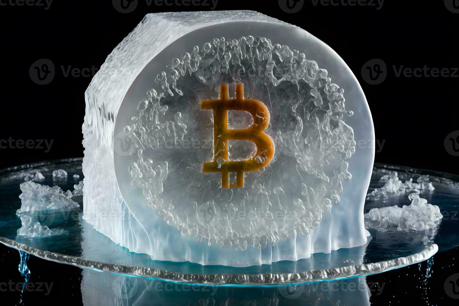 bitcoin congelato dentro ghiaccio cubo, bitcoin prezzo crisi concetto. neurale Rete generato arte foto