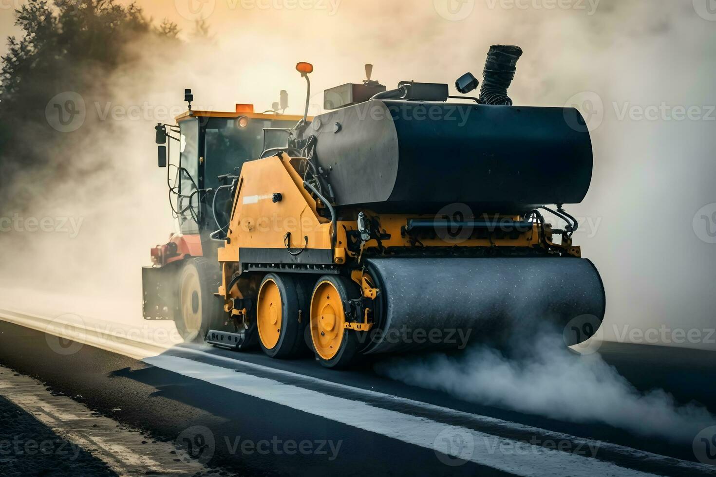 lavoratore operativo asfalto finitrice macchina finisher durante strada costruzione e riparazione lavori. neurale Rete generato arte foto