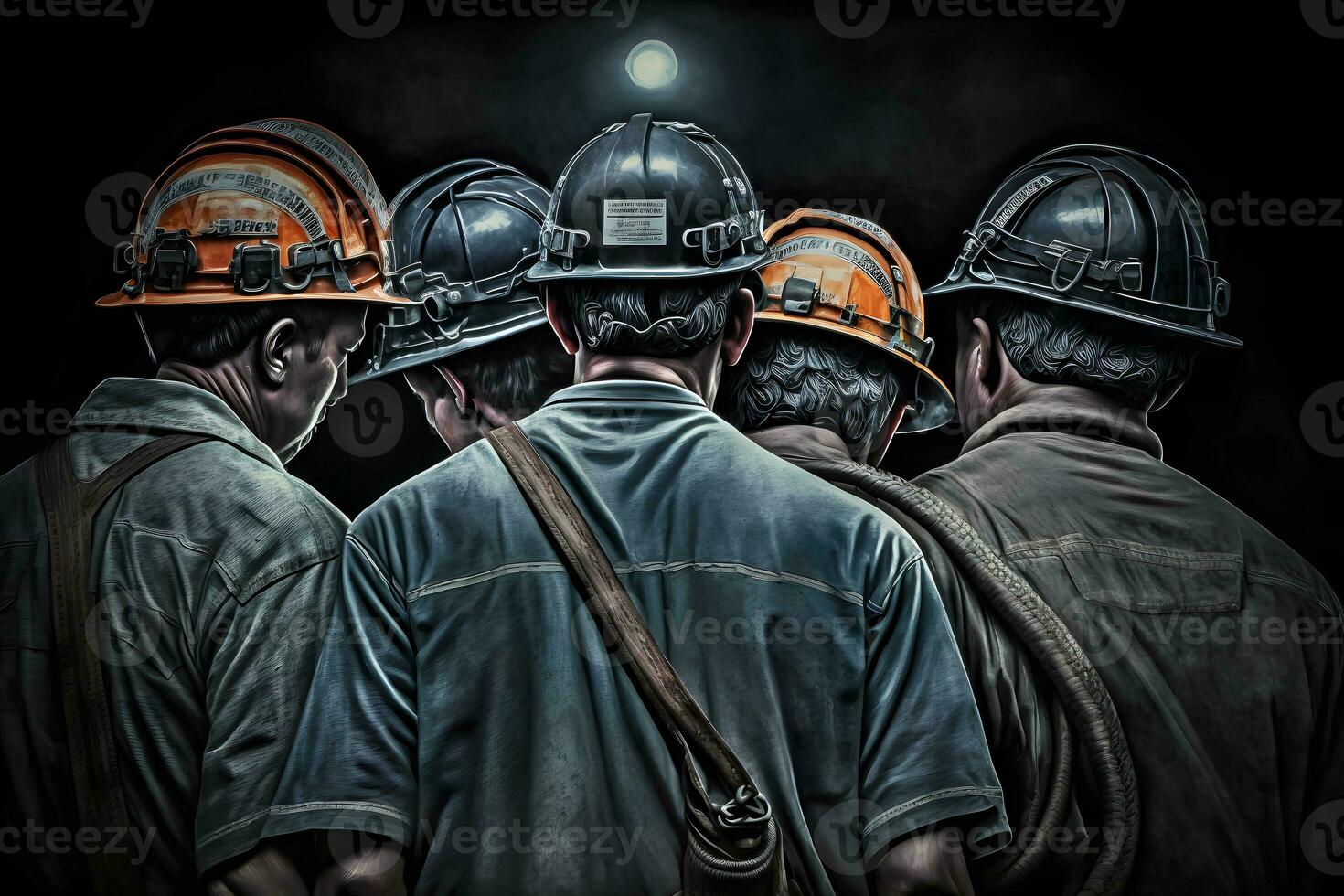 indietro Visualizza di sagome di maschio lavoratori nel buio carbone il mio. neurale Rete generato arte foto