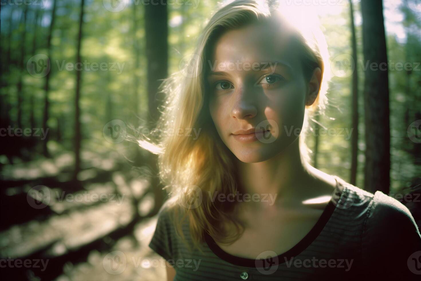 ritratto di un' viaggiatore ragazza nel il foresta. neurale Rete ai generato foto