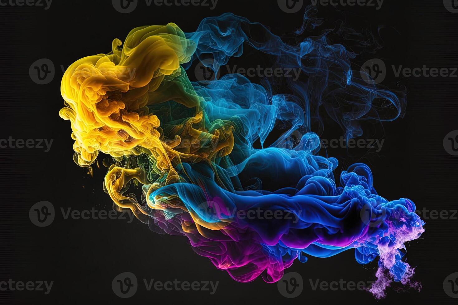 generativo ai un' colorato Fumo nube è mostrato nel Questo Immagine, esso sembra piace esso è galleggiante nel il aria e è molto buio e blu e giallo, con un' nero sfondo. foto