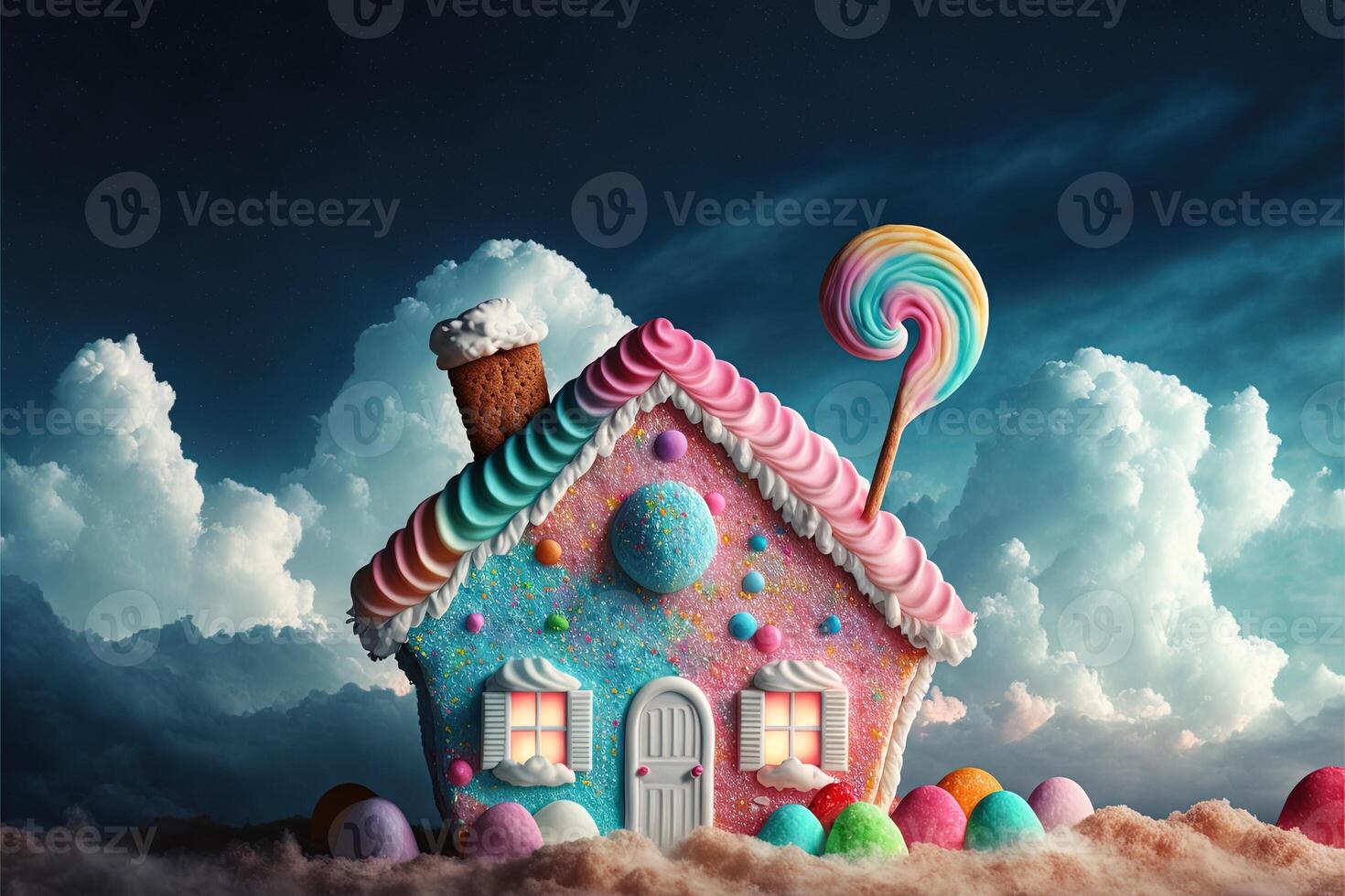 Natale decorazioni con colorato Pan di zenzero rosa Casa e colorato caramella su bianca nube. inverno vacanze nuovo anno e natale composizione. sorprendente Fata Natale Casa. generativo ai foto