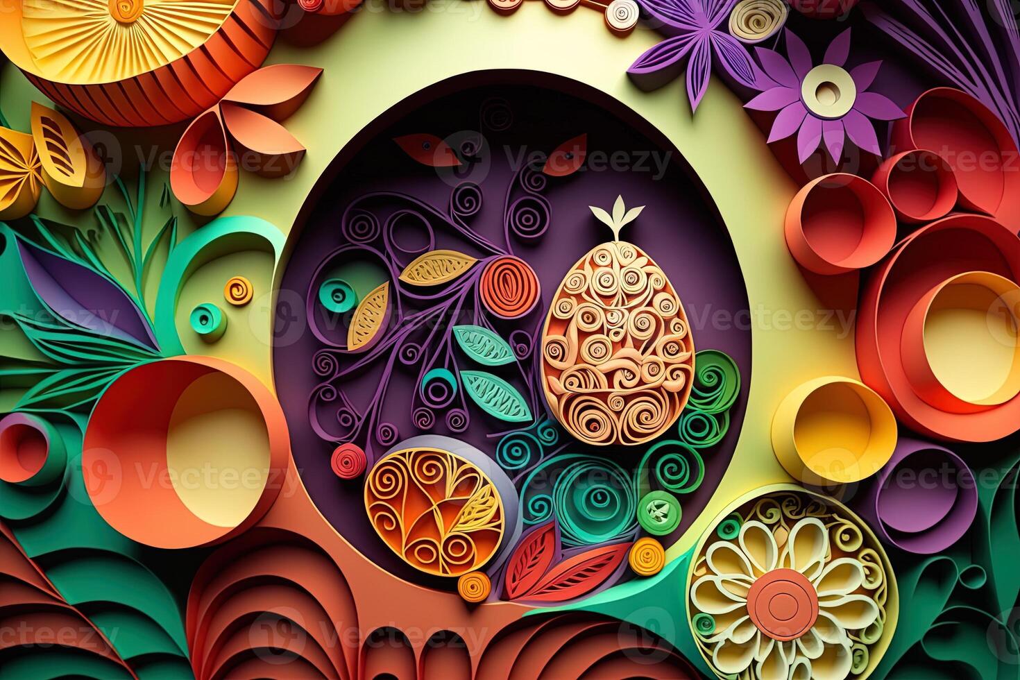 generativo ai carta tagliare quilling Multi dimensionale Pasqua uovo nel Pasqua celebrazione, un' lotto di uovo e piccolo coniglio nel sfondo. primavera concetto. foto