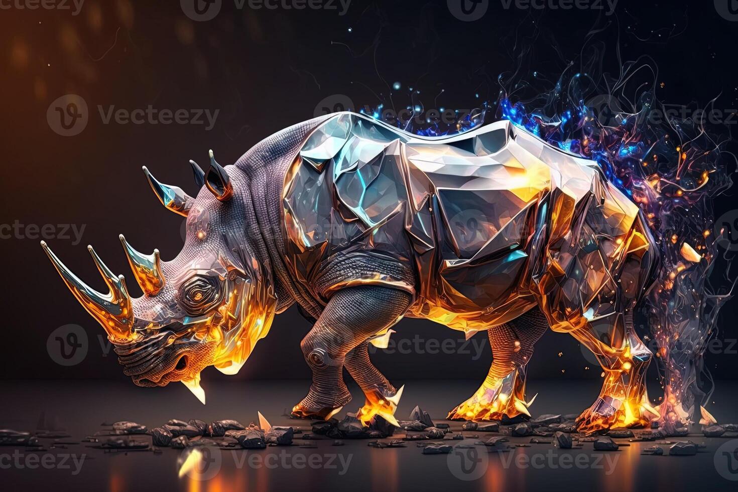 generativo ai fusione di metallo rinoceronte che esplode attraverso fuoco circondato di sparpagliato bicchiere frammenti e detriti, cosmico energia foto