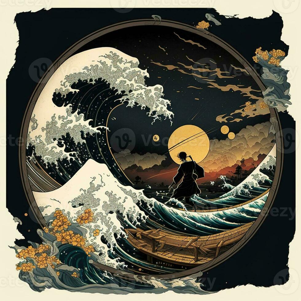 il grande onda via Kanagawa pittura riproduzione. giapponese stile. ukiyo-e stile pittura di il nullo vuoto mutevole foto
