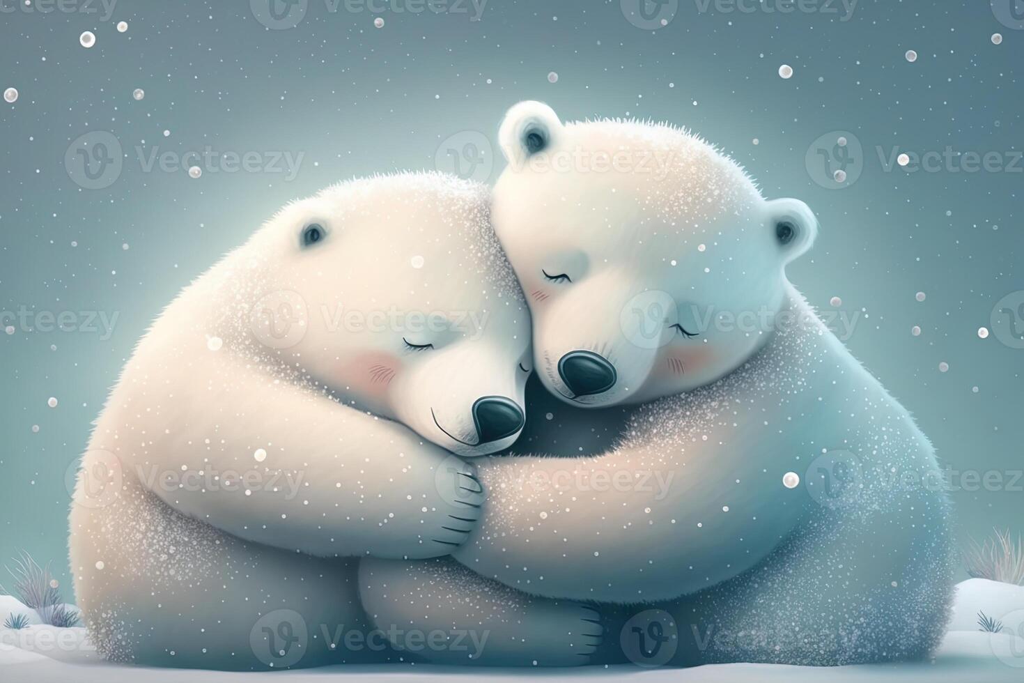 Due carino polare abbraccio insieme nel bianca neve sfondo. madre e bambino polare orso coccole come famiglia nel neve nel inverno. generativo ai foto