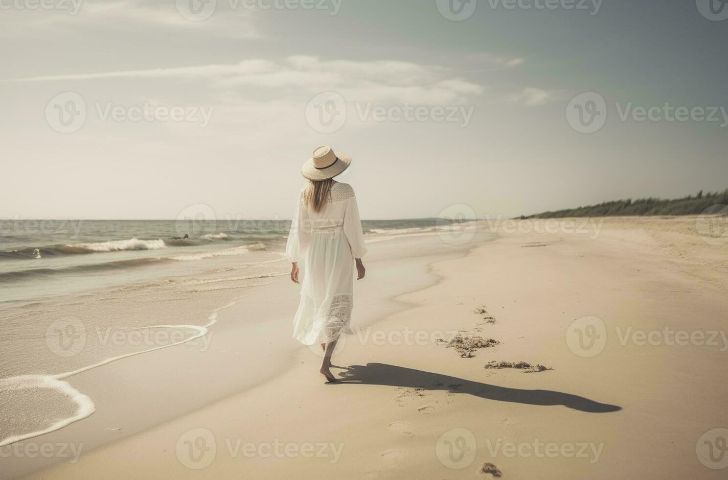 bellissimo donna nel bianca vestito e cappello a piedi su il bellissimo tropicale spiaggia e mare con blu cielo sfondo. estate vacanza concetto foto