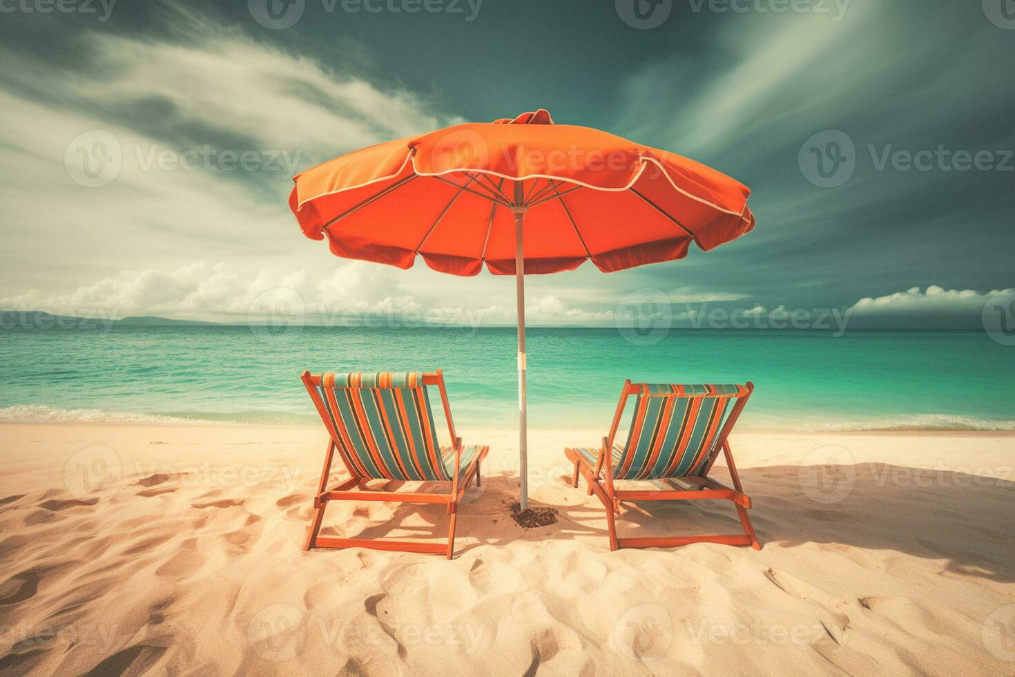 Due spiaggia sedie e ombrello su il tropicale spiaggia con mare e cielo sfondo, Vintage ▾ colore tono foto