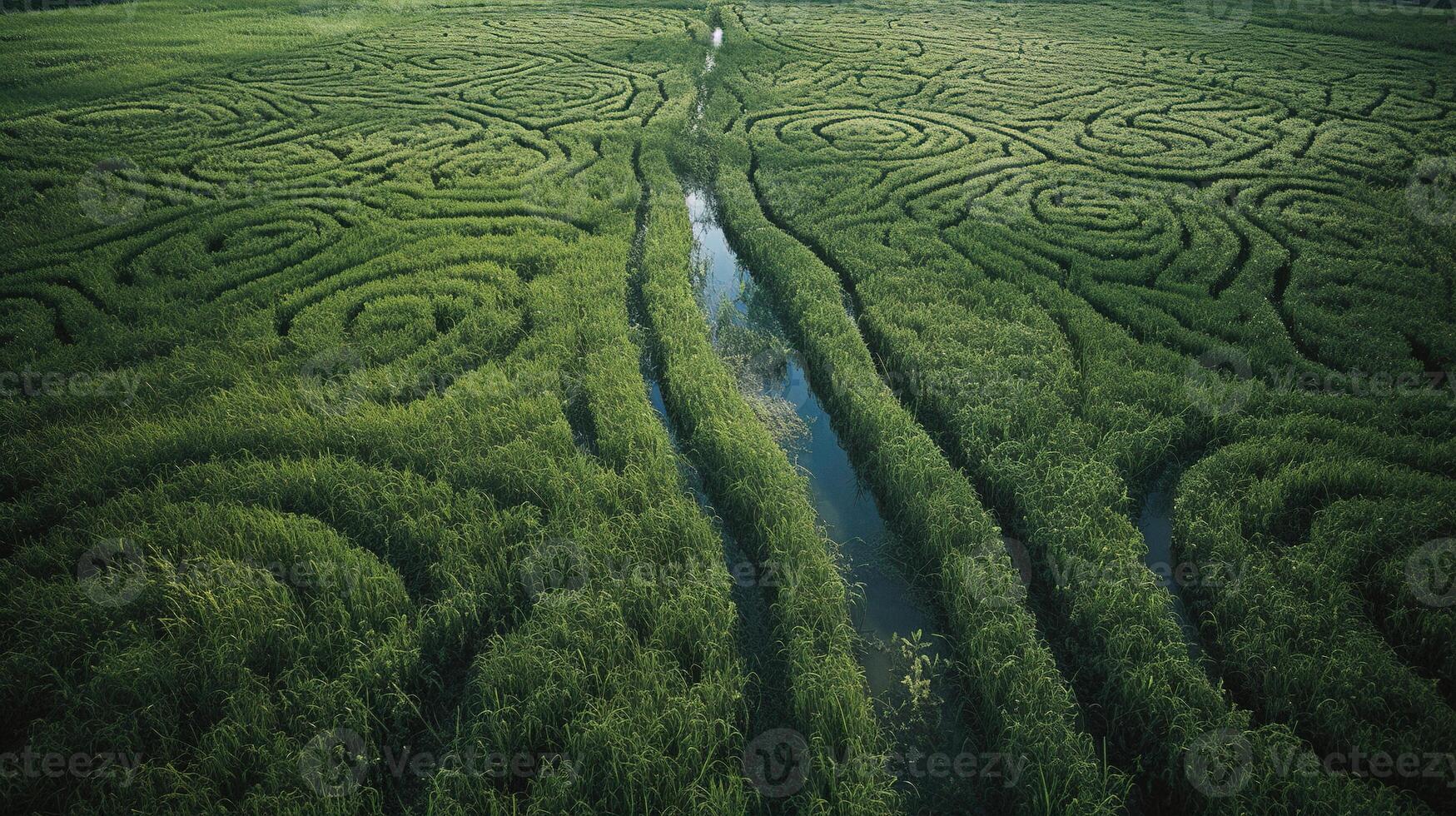 generativo ai, campo di verde erba con acqua cosparso, aereo Visualizza fuco fotografia. palude paesaggio. foto