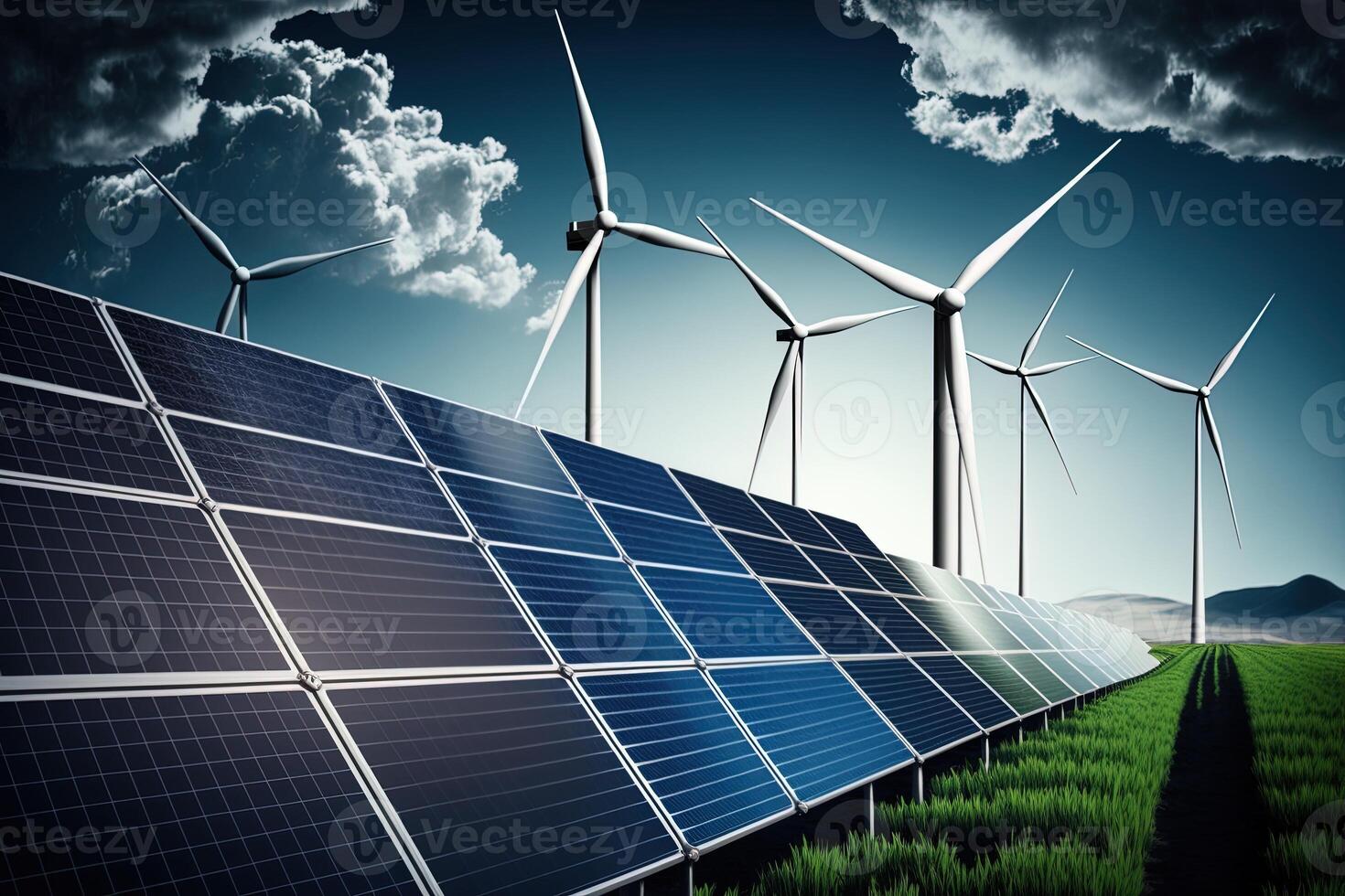 rinnovabile energia sfondo con verde energia come vento turbine e solare pannelli. verde energia concetto energia fonti sostenibile ecologia elementi generativo ai foto