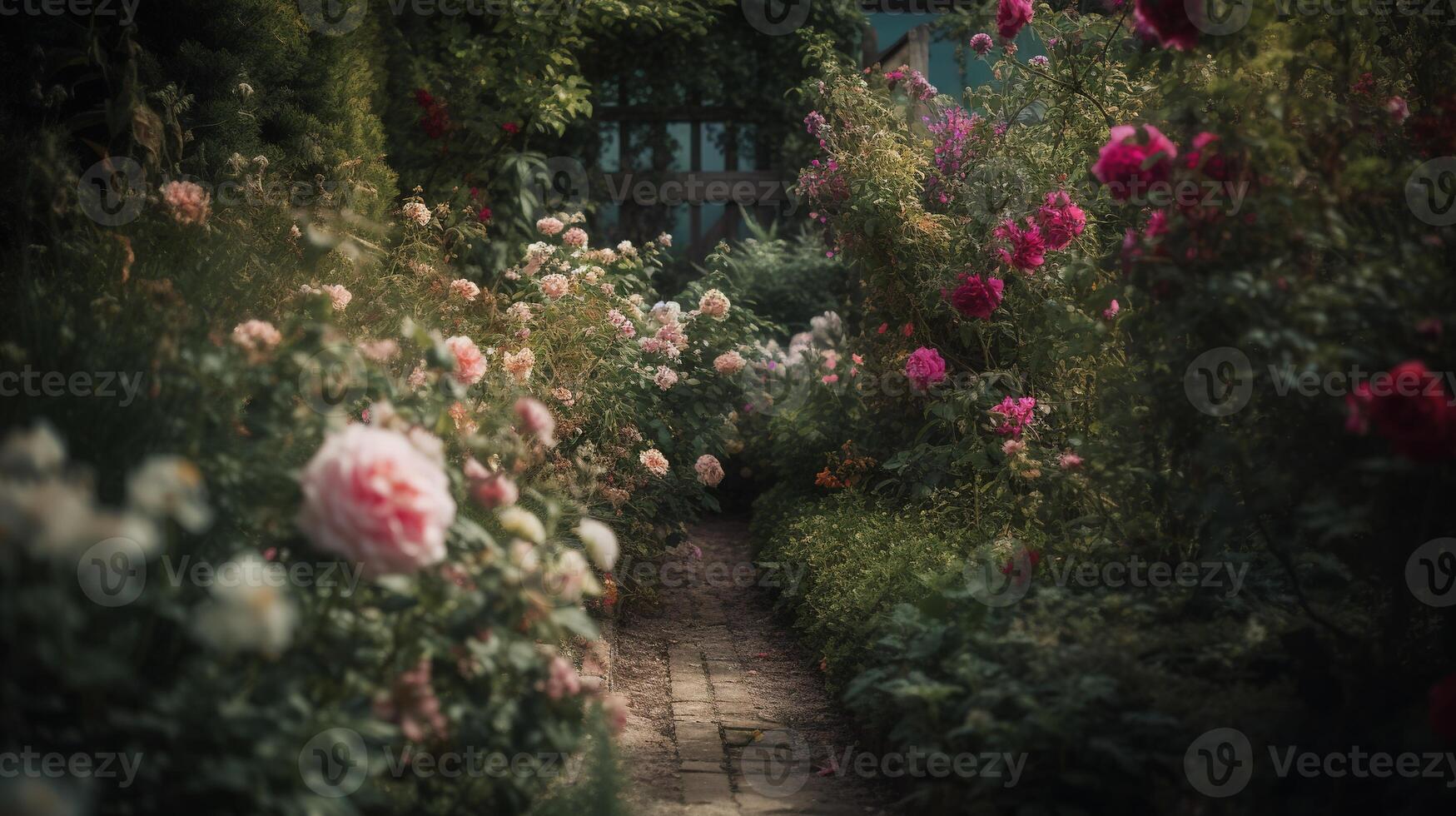 generativo ai, bellissimo estate privato giardino con molti fiori e impianti, natura paesaggio, inglese campagna Villetta stile foto