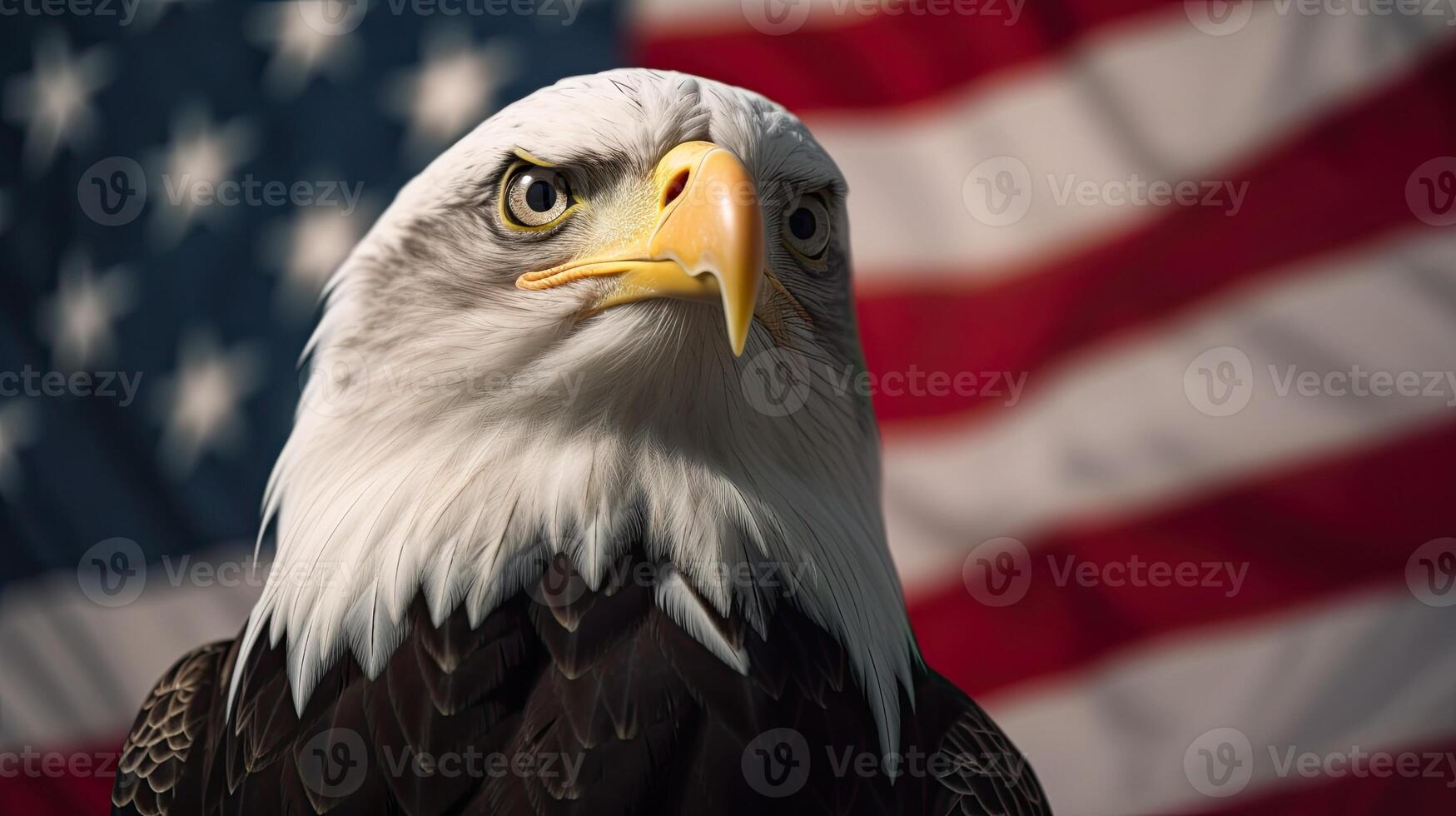 Calvo aquila con Stati Uniti d'America bandiera nel il sfondo. ai generativo foto