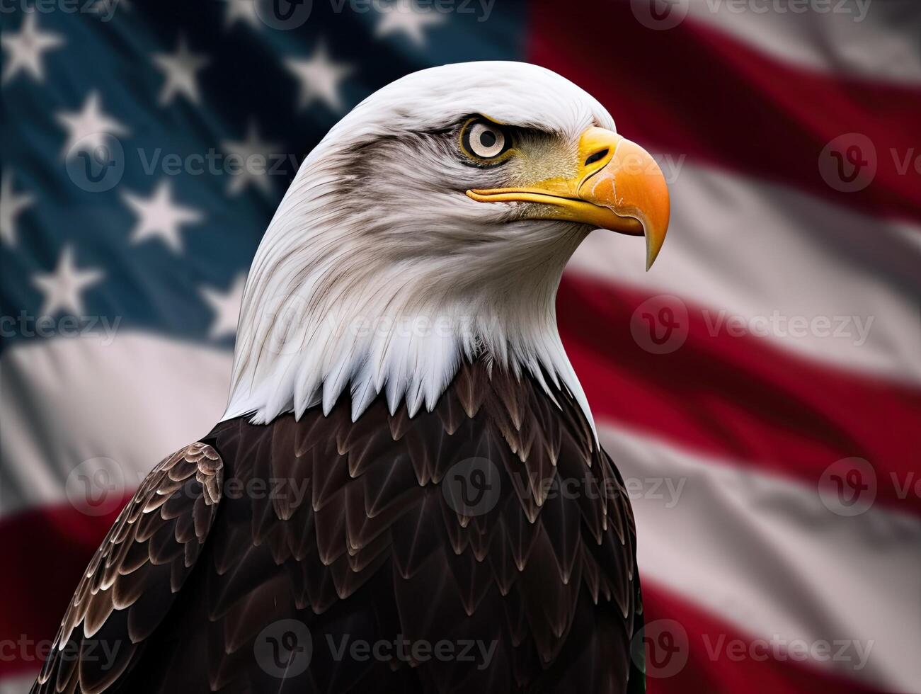 Calvo aquila con Stati Uniti d'America bandiera nel il sfondo. ai generativo foto