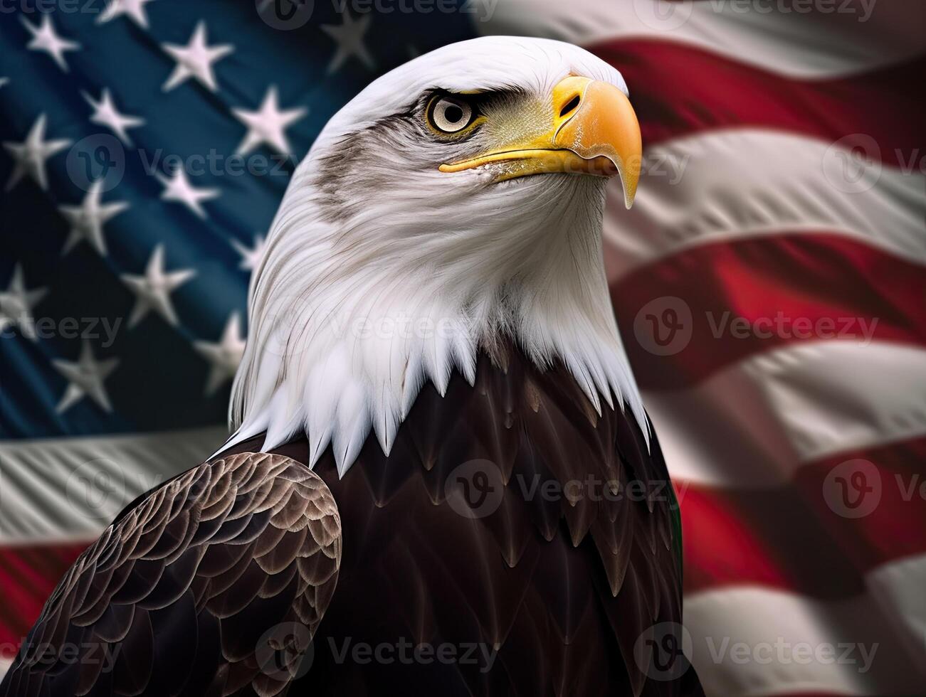 Calvo aquila con Stati Uniti d'America bandiera nel il sfondo. ai generativo foto