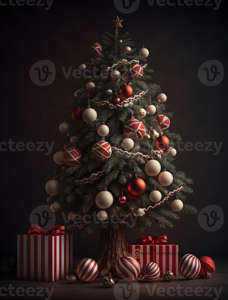 Natale albero nel buio sfondo con mucchio di i regali scatola generativo ai foto