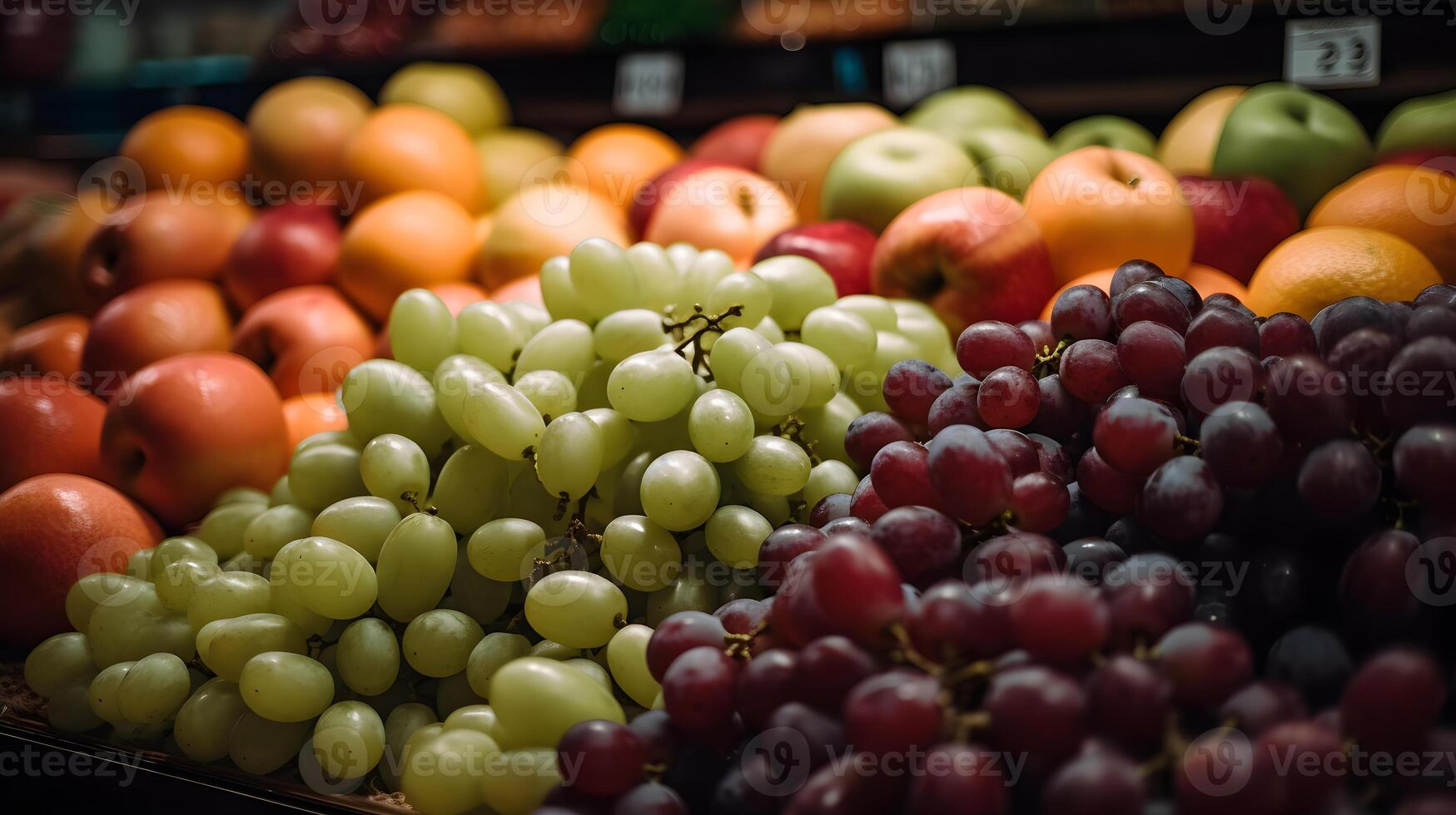 un' collezione di frutta su un' supermercato mensola ,fresco frutta prodotti nel il centro commerciale ,generativo ai foto