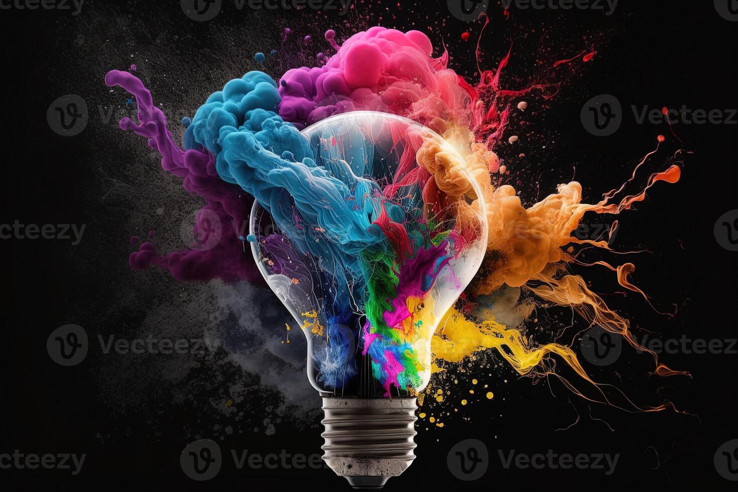 illustrazione di colorato lampadina con spruzzo di colori su nero sfondo. creatività, euro, immaginazione, ispirazione. generativo ai. idea e soluzione concetto foto