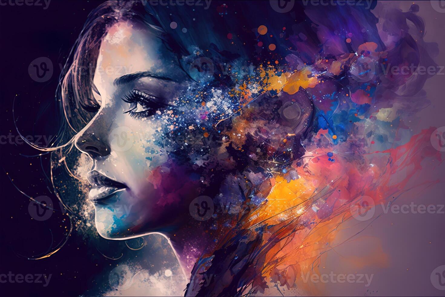 bellissimo fantasia astratto ritratto di un' bellissimo donna Doppio esposizione con un' colorato digitale dipingere spruzzo o spazio nebulosa, generativo ai foto