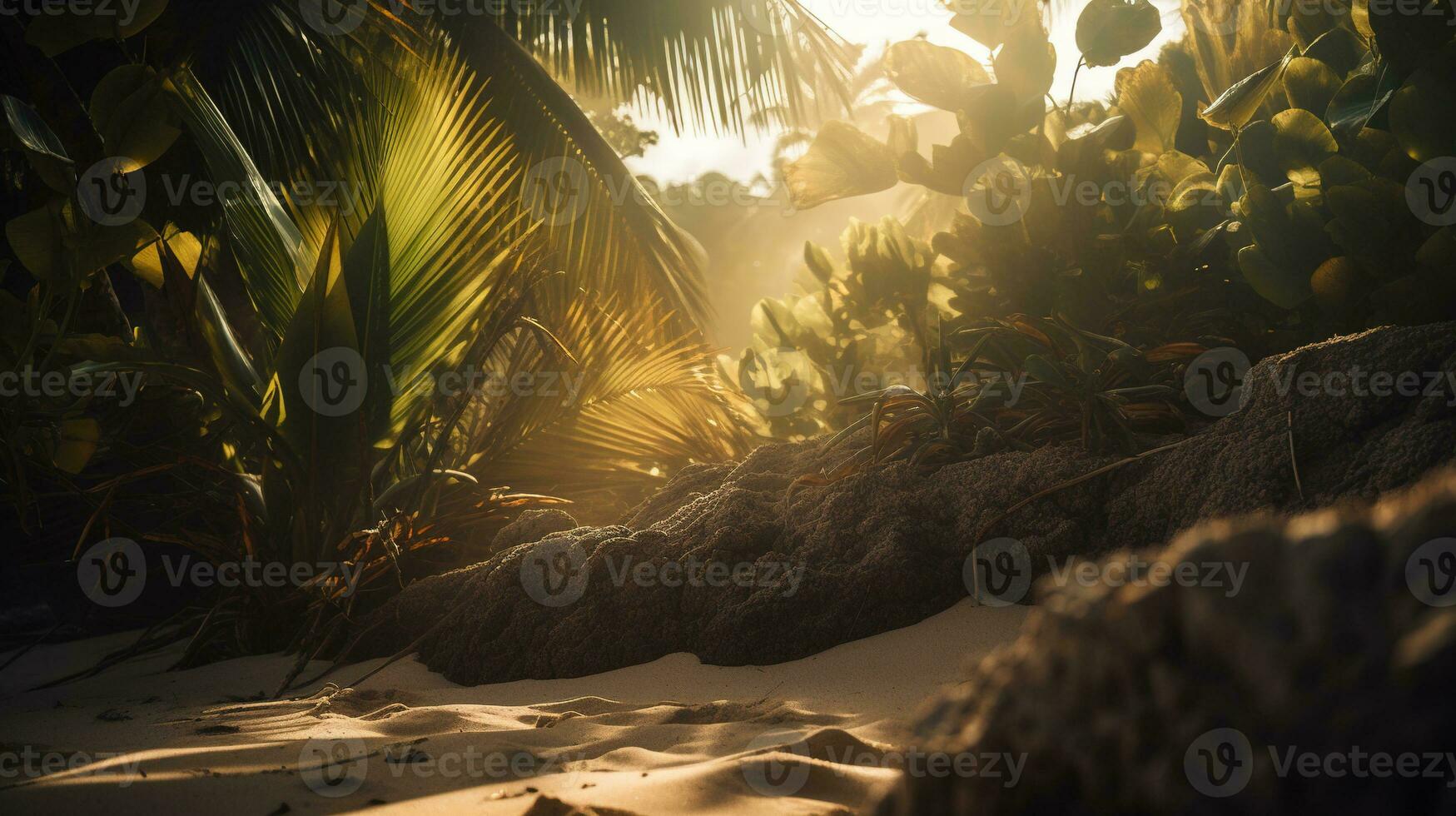 tropicale spiaggia con palma alberi e sabbia dune a tramonto, blu mare foto