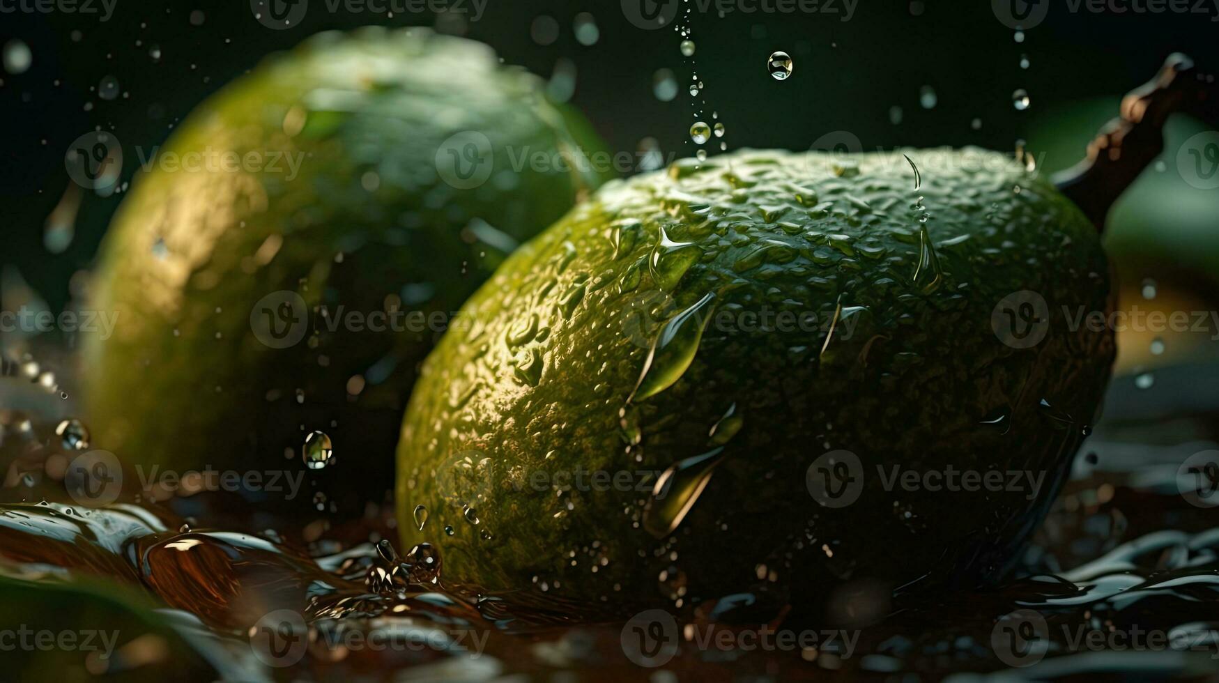 avocado frutta colpire di spruzzi di acqua con nero sfondo e sfocatura foto