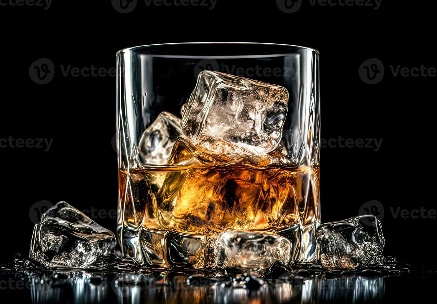 whisky con ghiaccio nel bicchiere su nero sfondo foto