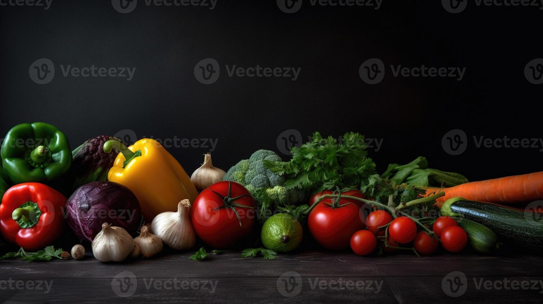 fresco veggie confine. biologico verdure su naturale nero sfondo. ideale per salutare cibo disegni. generativo ai foto