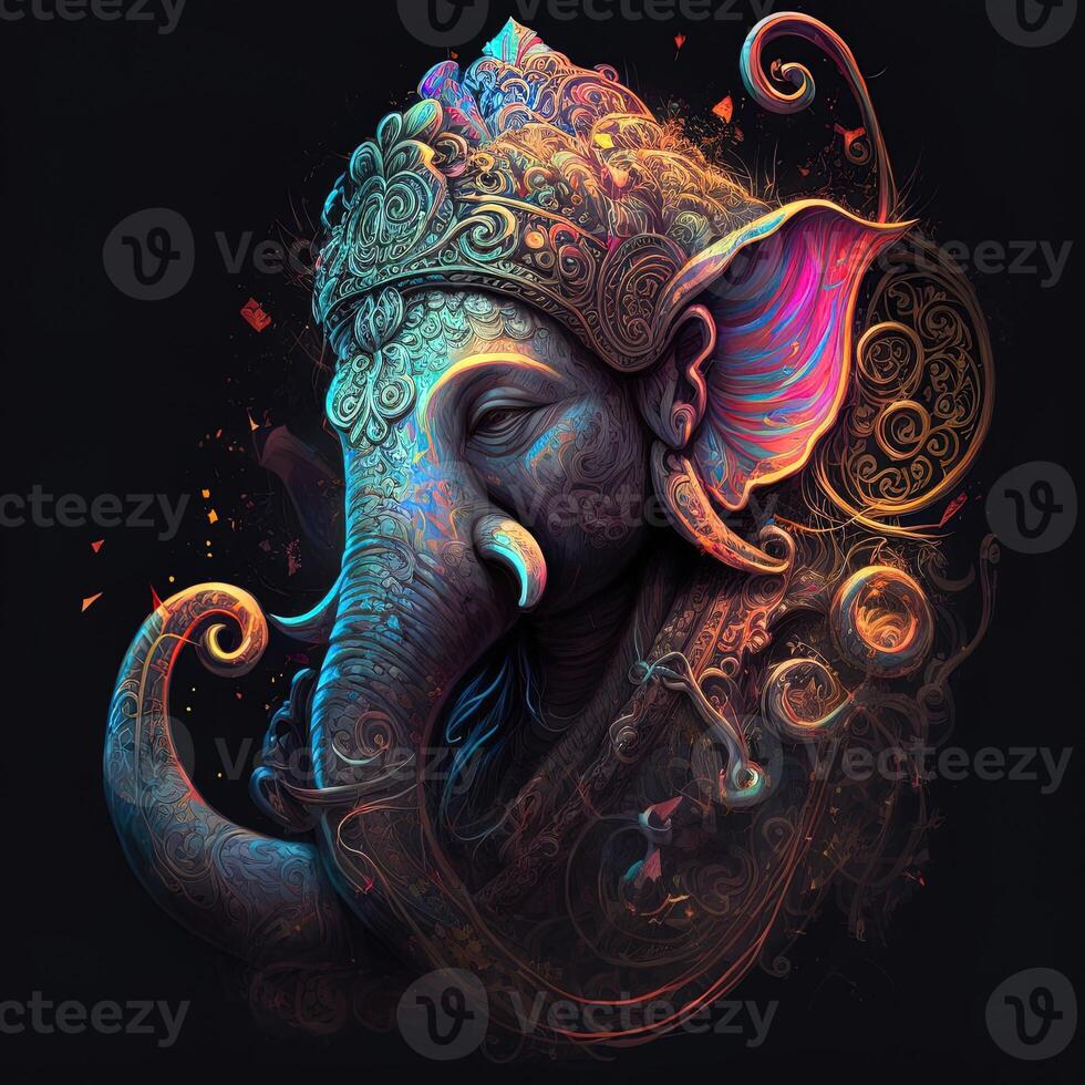 generativo ai su statua di signore Ganesha , Ganesha Festival. indù religione e indiano celebrazione di Diwali Festival concetto su scuro, rosso, giallo sfondo e copia spazio foto