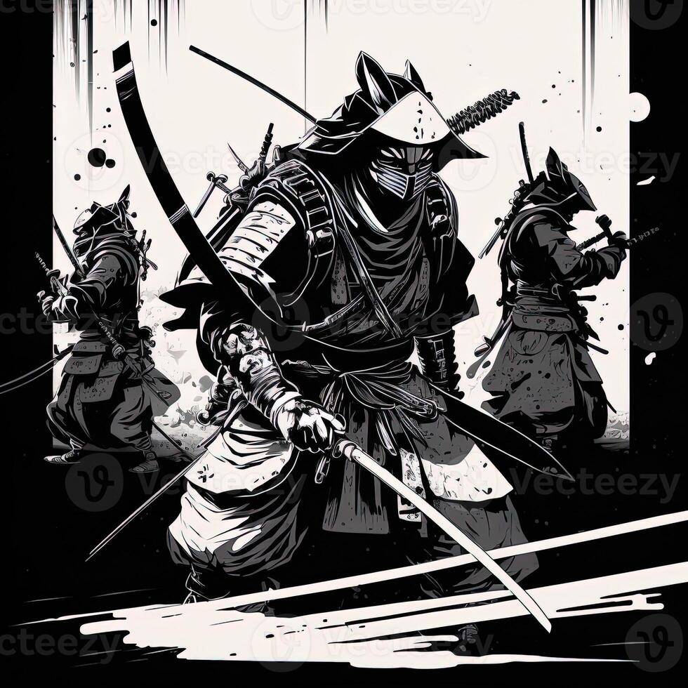 samurai guerriero con katana spada. ronin samurai contro cinque nemico circondato di per combattere, comico stile generativo ai foto