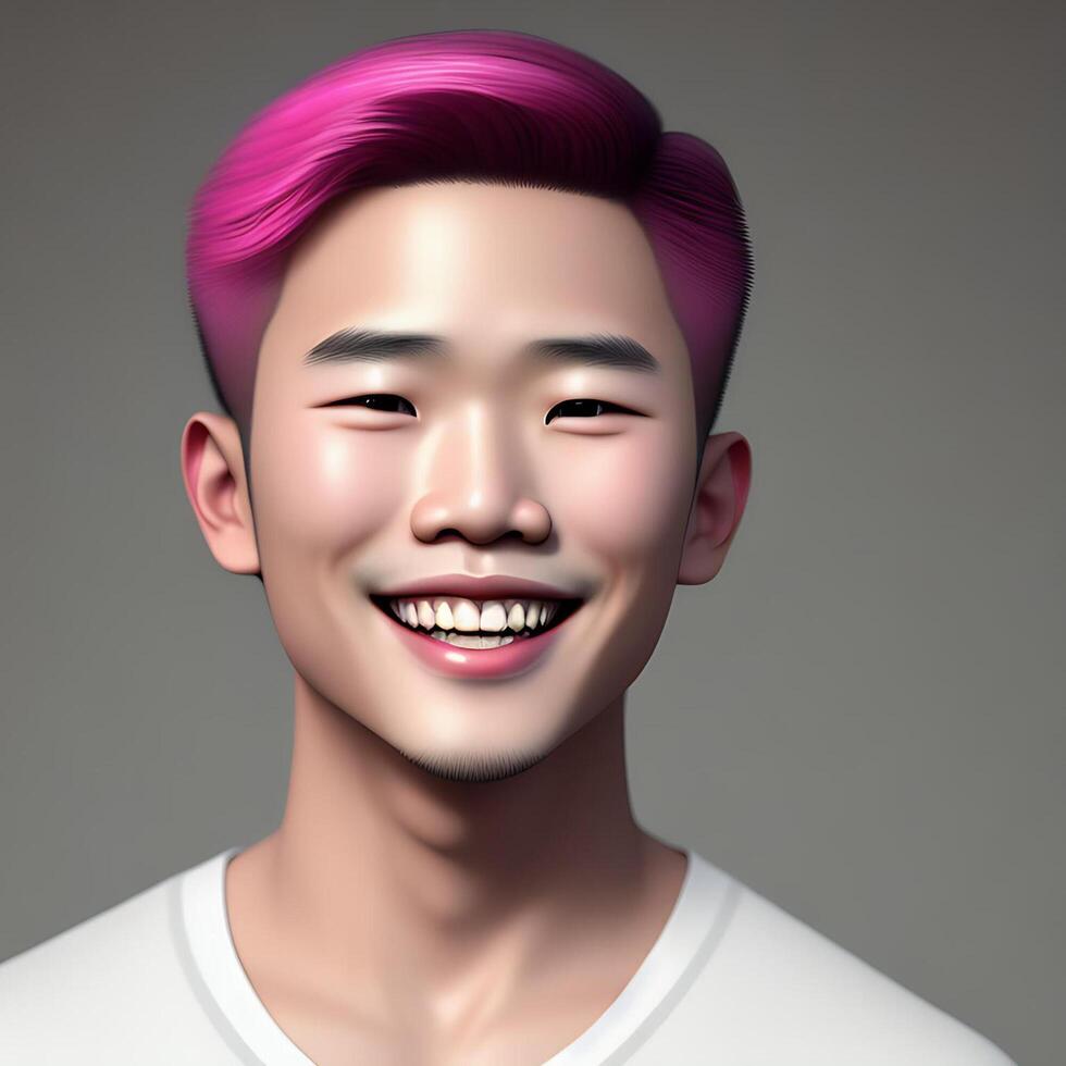 carino e bello asiatico ragazzo con rosa capelli 3d fotorealistico auto ritratto illustrazione ai generato foto