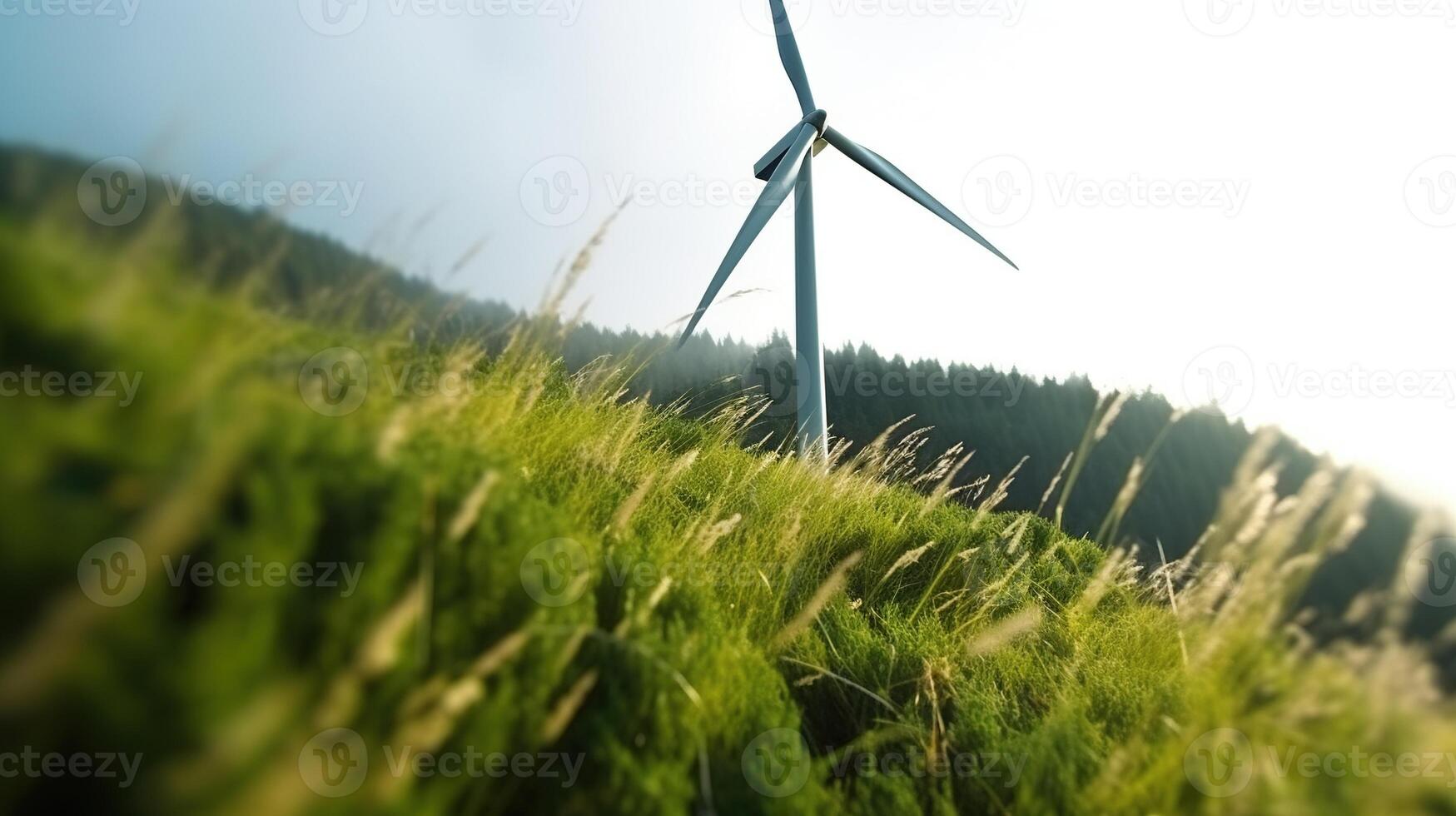 generativo ai, vento turbine nel un' campo, verde azienda agricola paesaggio. l'ambiente eco-friendly energia generazione. rinnovabile energia fonte. foto