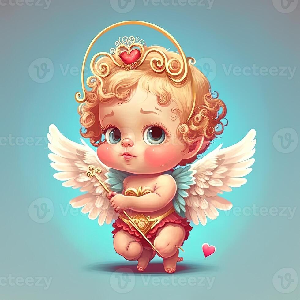 generativo ai adorabile bambino Cupido bellissimo ritratto, pieno corpo mano Tenere un' arco e freccia, cartone animato stile carattere. amore e San Valentino concetto. foto