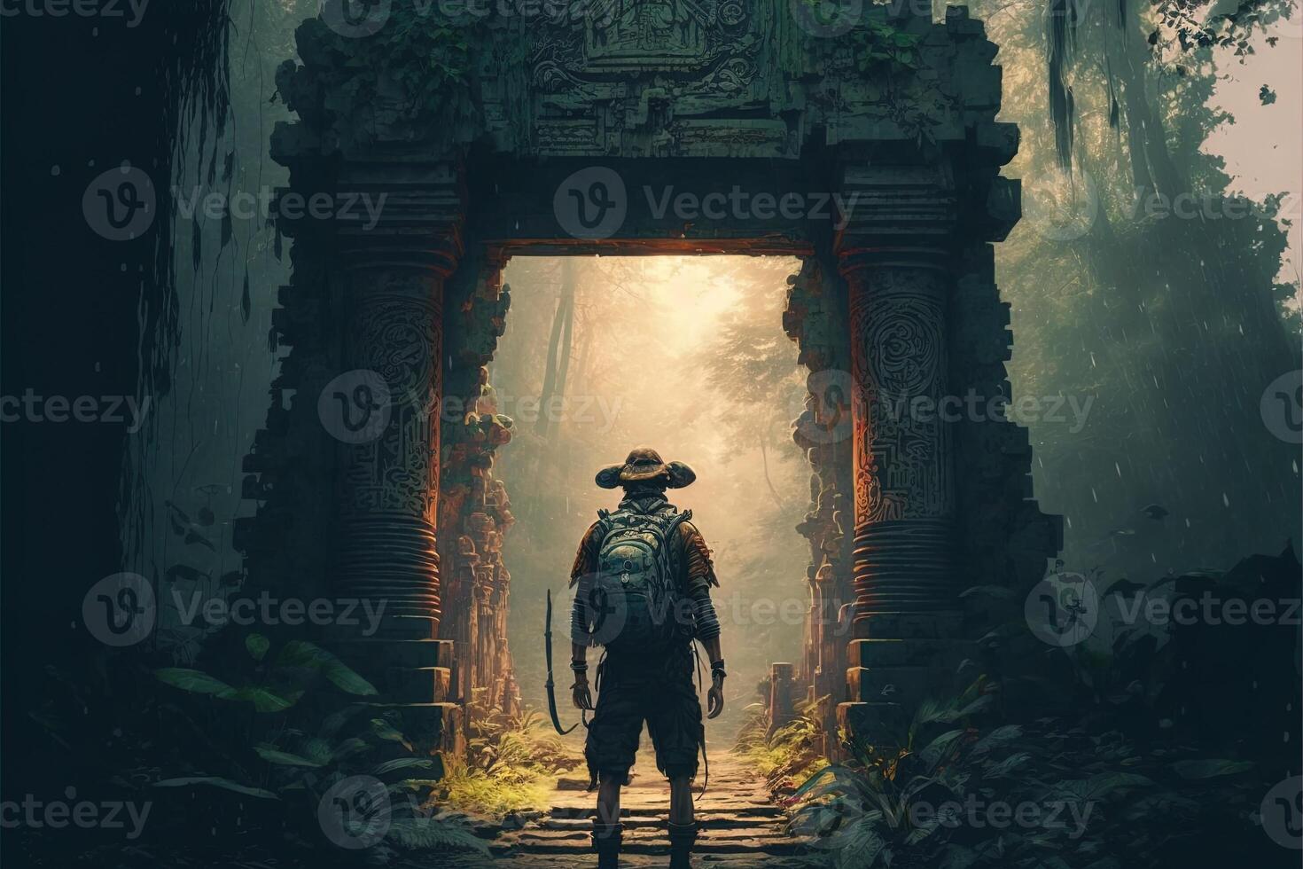 Maya cancello nel il foresta. generativo ai. concetto arte di un esploratore a piedi nel il mezzo di il giungla attraverso un' segreto cancello. un avventuriero nel un' verde tropicale foresta pluviale scoprire un' segreto passaggio foto