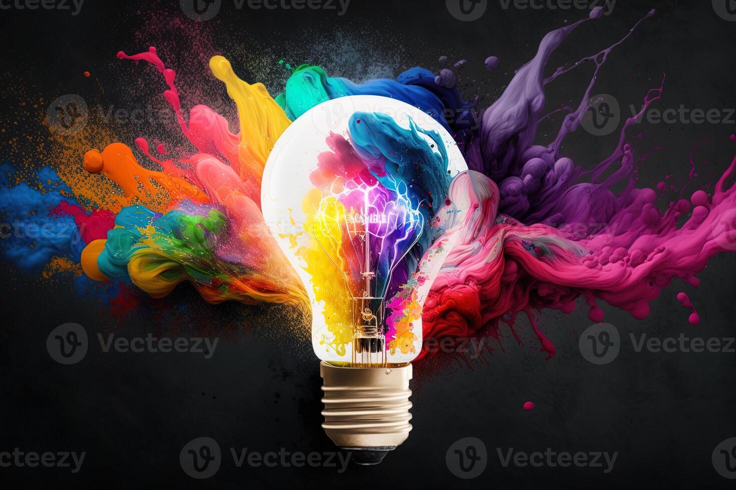 illustrazione di colorato lampadina con spruzzo di colori su nero sfondo. creatività, euro, immaginazione, ispirazione. generativo ai. idea e soluzione concetto foto