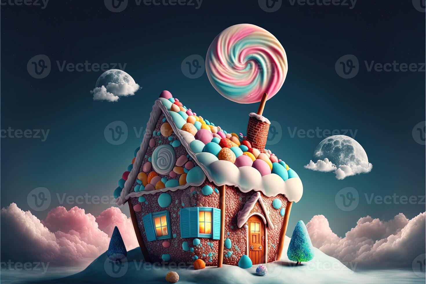 Natale decorazioni con colorato Pan di zenzero rosa Casa e colorato caramella su bianca nube. inverno vacanze nuovo anno e natale composizione. sorprendente Fata Natale Casa. generativo ai foto