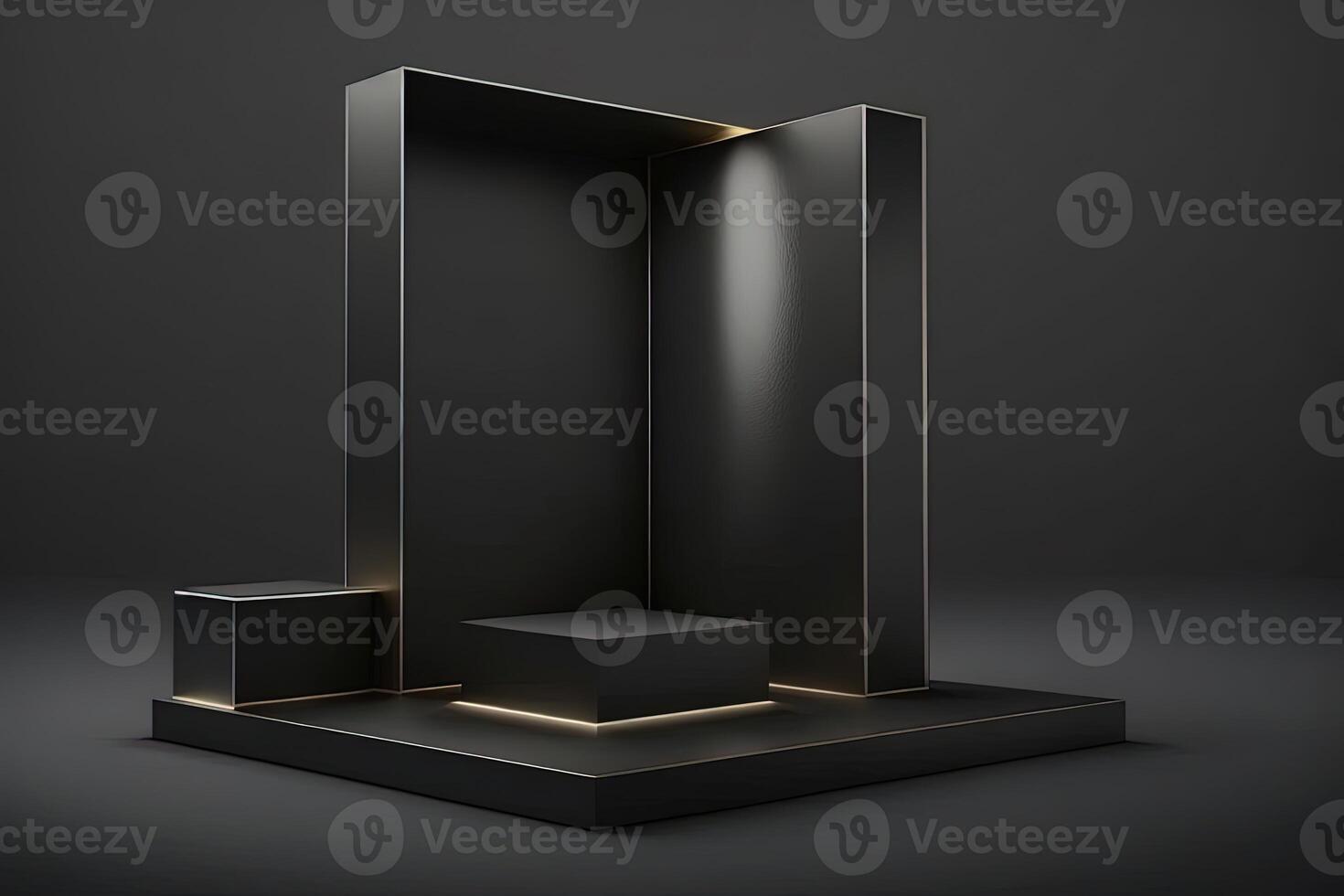 generativo ai nero sfondo e Prodotto podio In piedi studio. elegante nero cubo In piedi per Prodotto posizionamento modello. minimo scatola piattaforma showroom con individuare luce. foto