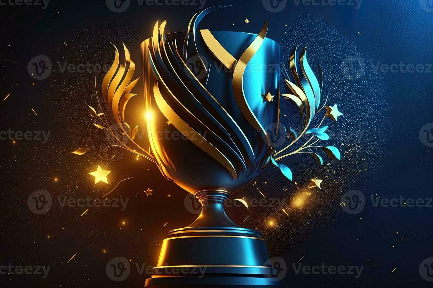 campione d'oro trofeo con oro stelle su blu buio sfondo. generazione ai. concetto di successo e risultato. oro luccica esplosione. foto
