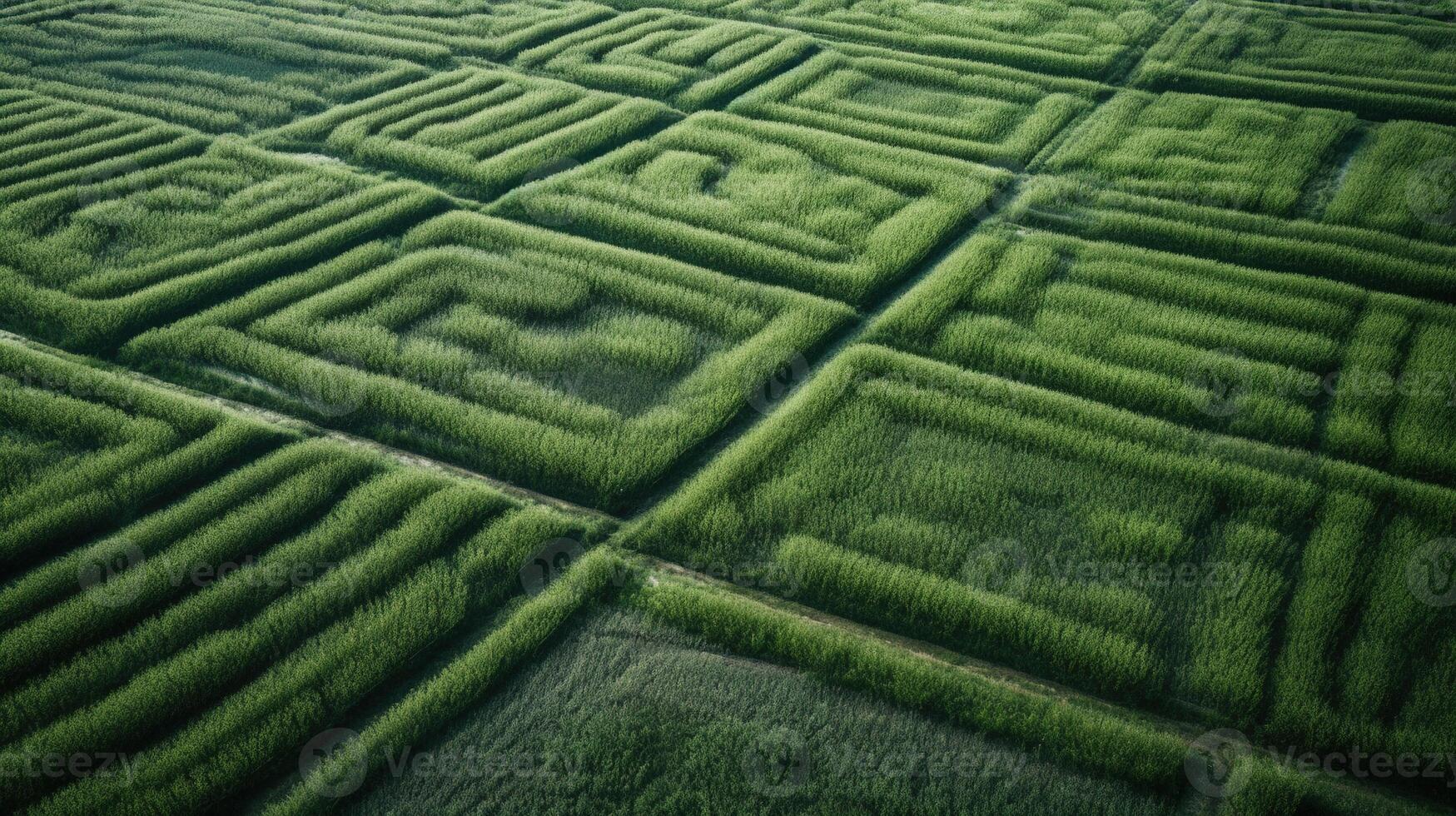 generativo ai, campo di verde erba con acqua cosparso, aereo Visualizza fuco fotografia. palude paesaggio. foto