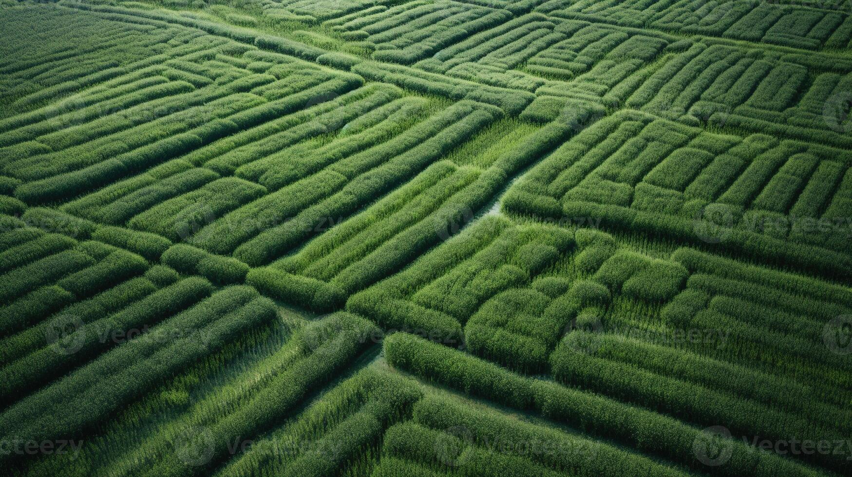 generativo ai, campo di verde erba con acqua cosparso, aereo Visualizza fuco fotografia. palude paesaggio. foto