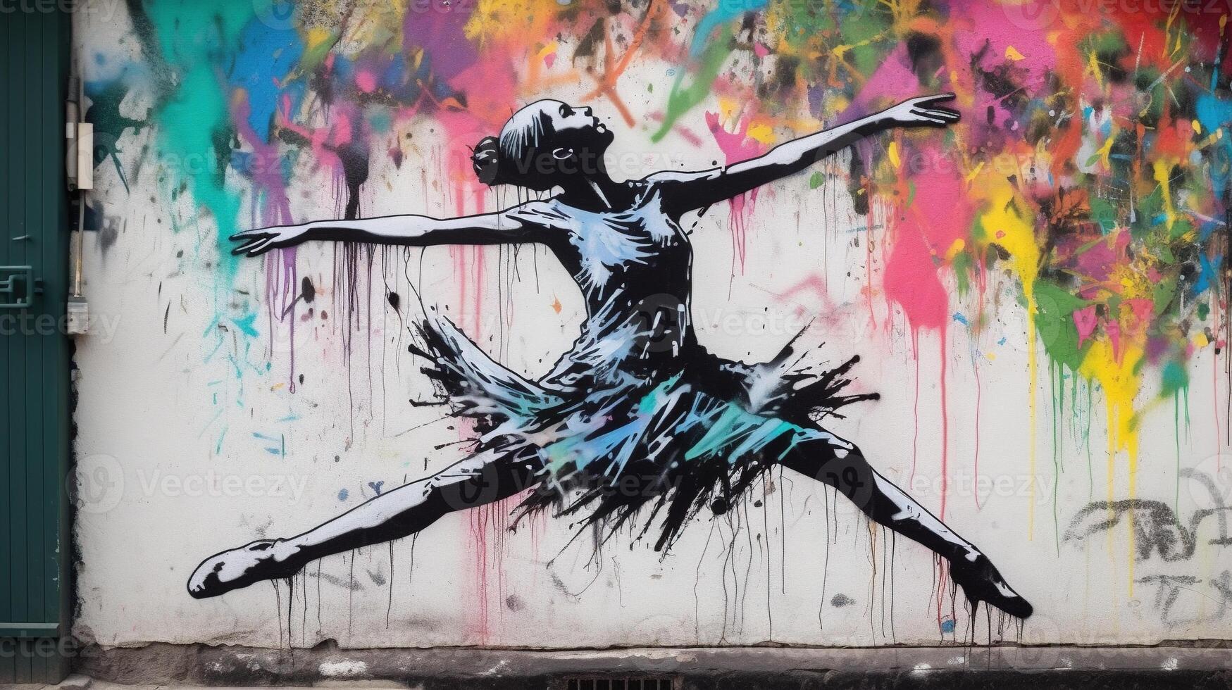 generativo ai, danza donna o ragazza, dinamico movimento. inchiostro dipingere colorato spruzzi strada graffiti arte su un' strutturato carta Vintage ▾ sfondo, ispirato di Banksy. foto