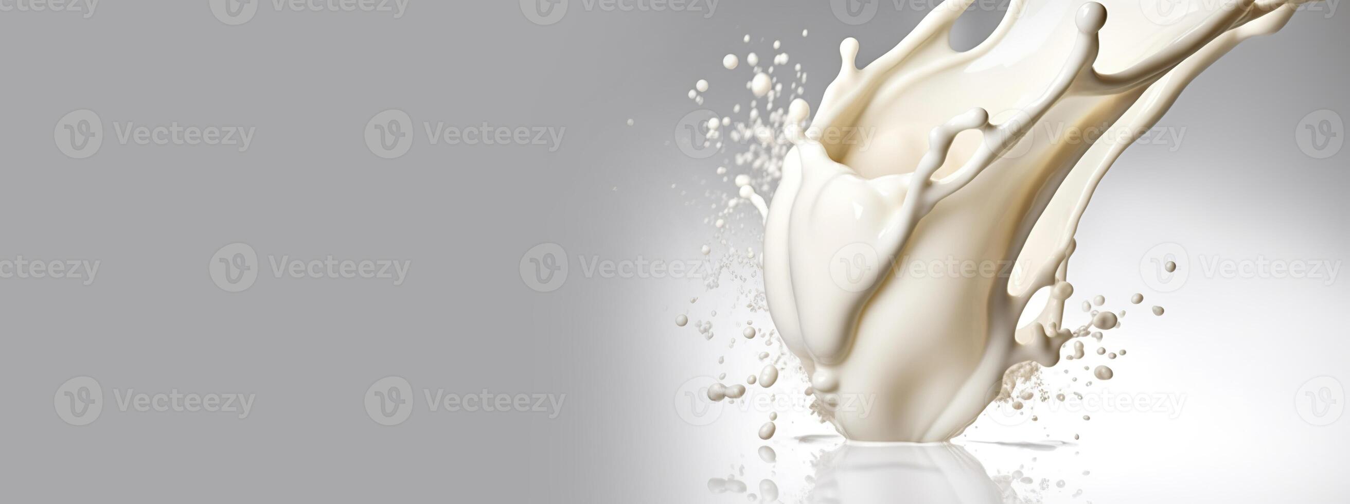 generativo ai, fluente liquido con spruzzi nel bianca colore. lucido cremoso latte fluido striscione, 3d effetto, moderno macro fotorealistico astratto sfondo illustrazione. foto