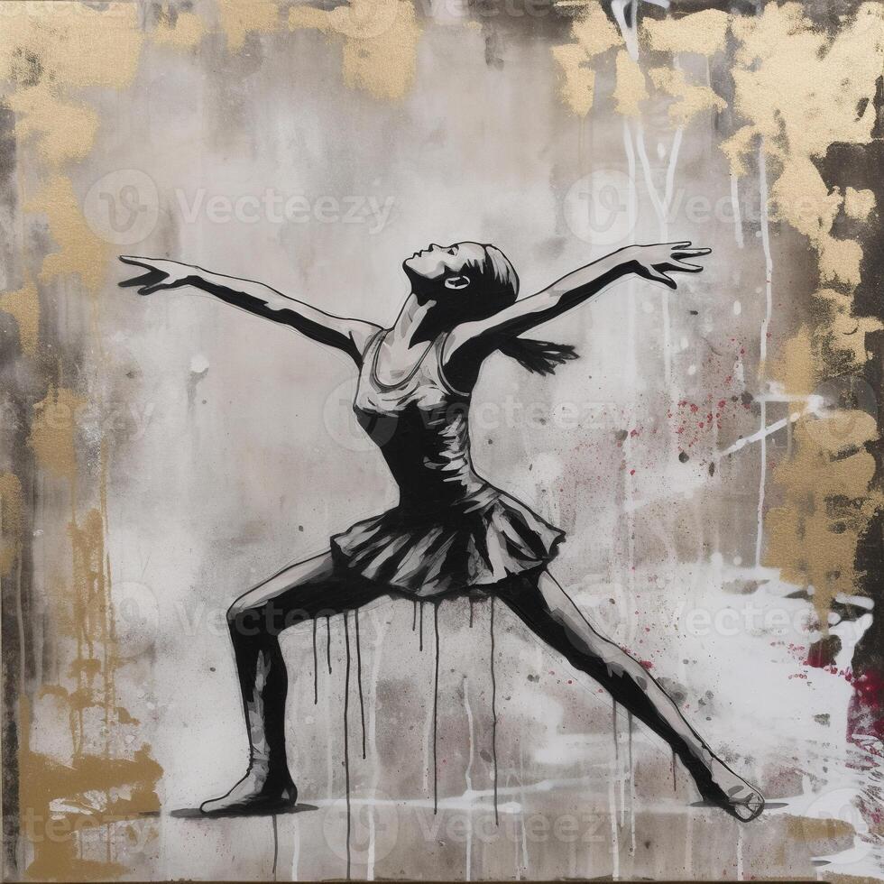 generativo ai, danza donna o ragazza, dinamico movimento. inchiostro dipingere colorato spruzzi strada graffiti arte su un' strutturato carta Vintage ▾ sfondo, ispirato di Banksy. foto