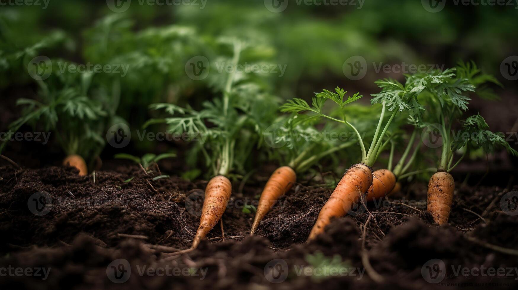 generativo ai, riga di fresco carote con verde foglie su il terra, verdure nel il giardino, un' bene raccogliere di eco prodotti. foto