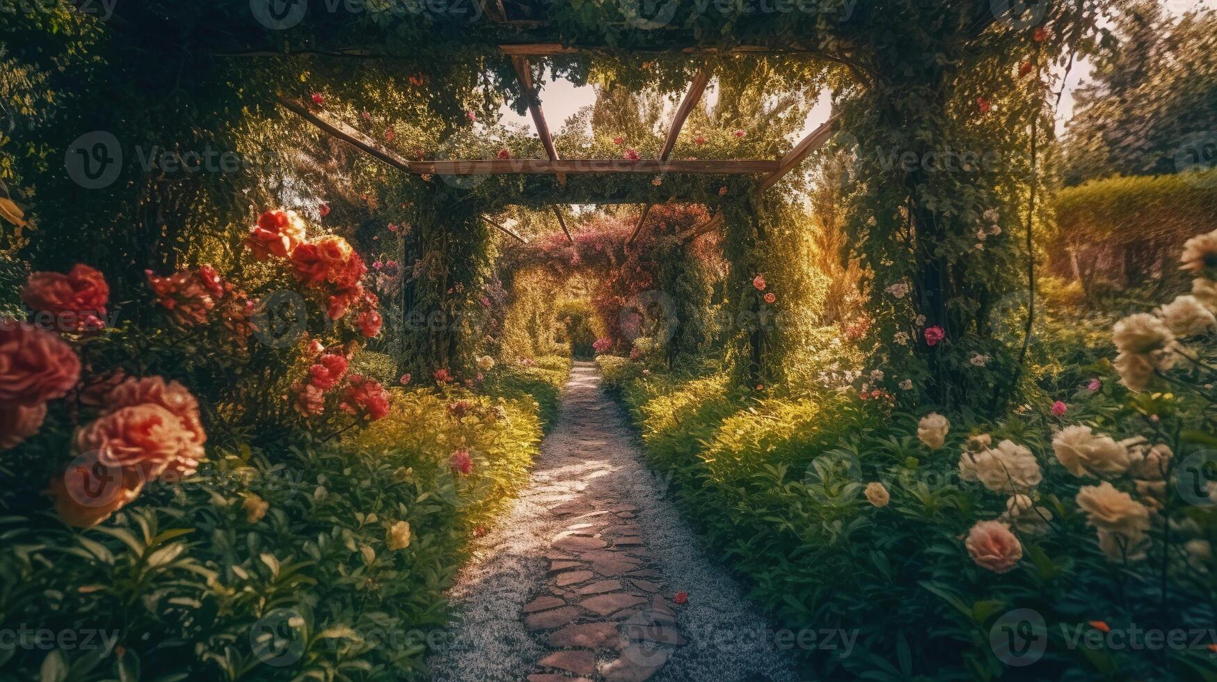 generativo ai, bellissimo estate privato giardino con molti fiori e impianti, natura paesaggio, inglese campagna Villetta stile foto