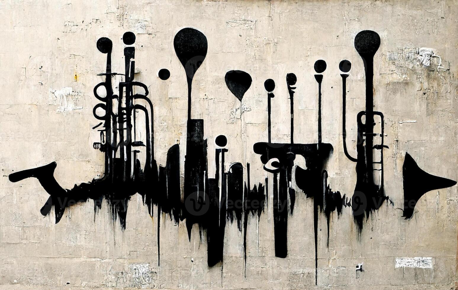 generativo ai, astratto strada arte con chiavi e musicale strumenti sagome. inchiostro colorato graffiti arte su un' strutturato carta Vintage ▾ sfondo, ispirato di Banksy foto