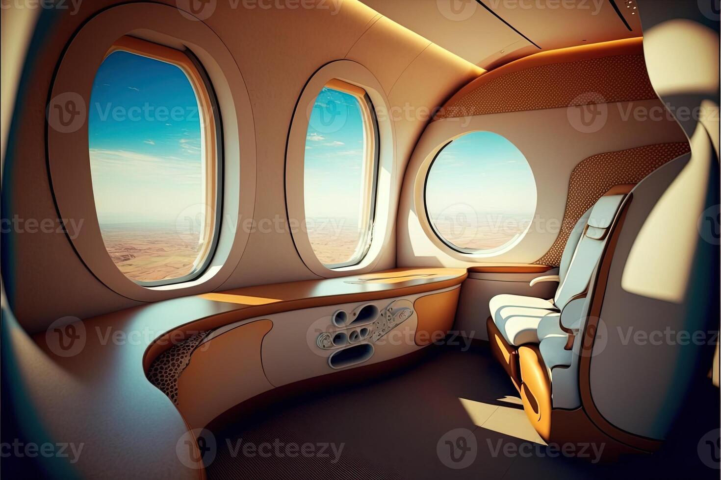 lussuoso primo classe aereo posto a sedere con molte di finestre. generativo ai visualizzazione di il vip cabina di un' attività commerciale classe aereo. interno di un' privato Jet foto